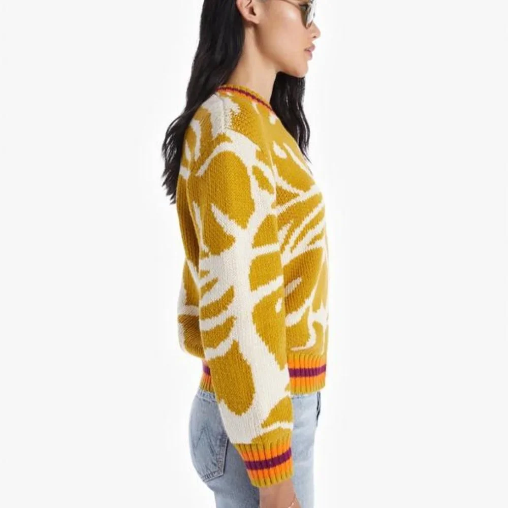 MOTHER The Jumper Wild Palms Sweater Mustard/Cream with Orange/Burgundy Detail - Picture 2 of 5
